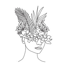 Woman face with butterfly and flowers. Line art female hands with butterflies. One line vector drawing. Portrait minimalistic style. Botanical print. Nature symbol of cosmetics.