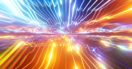 Colorful digital circuitry and data stream. Abstract neon futuristic speed internet. Computer processing data, binary data transfer, upload, download or transmitting. 