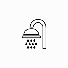 Shower icon vector, line flat sign, solid pictogram isolated on white. Shower, bathroom symbol vector outline sign. Shower head with water drops pouring black isolated icon.