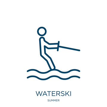 Waterski Icon From Summer Collection. Thin Linear Waterski, Activity, Man Outline Icon Isolated On White Background. Line Vector Waterski Sign, Symbol For Web And Mobile