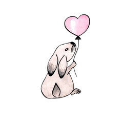 watercolor drawing of a gray bunny with a red balloon in the form of a heart. For a postcard on Valentine's Day.
