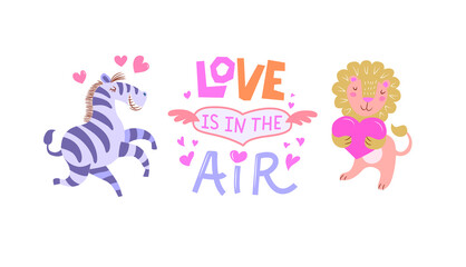 Cute animals couple in love - zebra and lion which holds a heart in its paws. The inscription - love is in the air. Happy Valentine's day postcard. Vector illustration