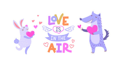 A pair of cute animals in love - a hare and a wolf, holding a heart in their paws. The inscription - love is in the air. Postcard Happy Valentine's Day. Vector illustration