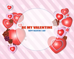Valentine's day greeting card. decorated with hearts, central circle with text. striped pink background