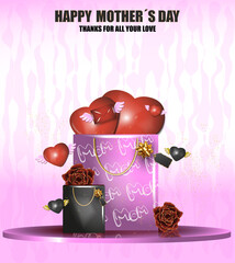 pink gift bags full of hearts for mother's day. decoration, envelope and winged heart, roses. white and pink background