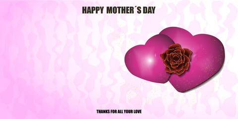 two pink hearts united by a rose. white background with pink irregular patterns