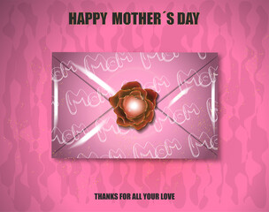 Pink envelope with messages of love and letters MOM for Mother's Day. central rose with red heart. pink background with irregular patterns