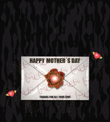 Envelope with letters "mom" for mother's day. central rose with red heart. winged hearts decoration dark background with irregular patterns