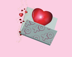 isolated heart folder with letters "XO" kisses and hugs for valentine's day. decoration of hearts and petals. Pink background