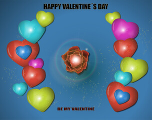 Central red rose with illuminated heart. decoration hearts with multiple colors. blue background. happy valentines day text