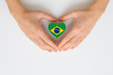 The national flag of Brazil in female hands.