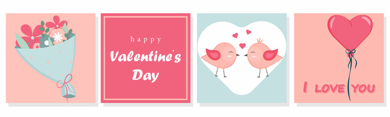 set of valentines day cards in flat style love, romance, little birds, flowers