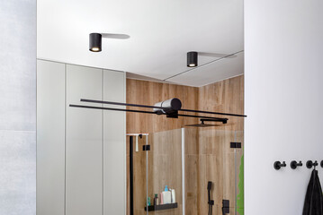 Black sconce mounted in a large mirror in the bathroom, visible LED lighting in the shape of a tube...