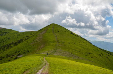 Tourist trail passes over the green grassy peak of mountain ridge. Trekking in Carpathian Mountains, Ukraine
