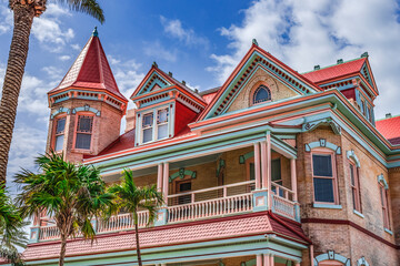 Colorful Orange Mansion Architecture Key West Florida - obrazy, fototapety, plakaty
