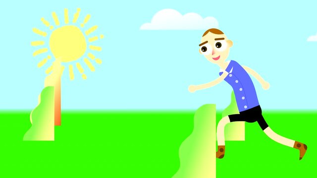 A boy runs across a green field with bushes against a blue sky with the sun and white clouds. Abstract landscape with drawn elements and character.