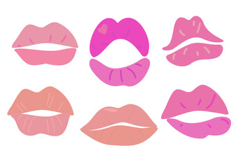 Fototapeta na wymiar A set of lips and kisses drawn in the doodle style. Vector illustration.