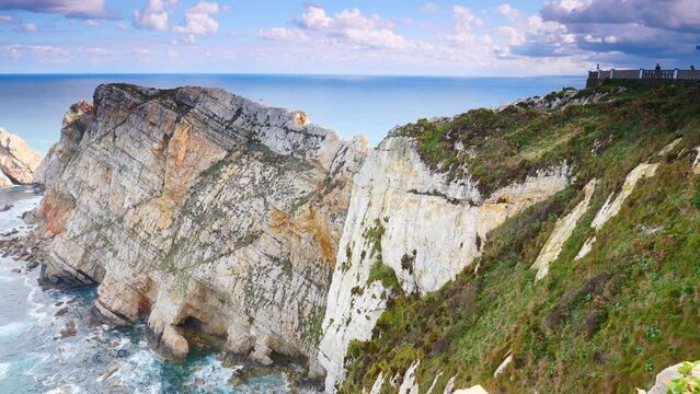 Seascape of Atlantic ocean and Asturias rocky coast at Cape Penas. Sea shore with high cliffs in north Spain.