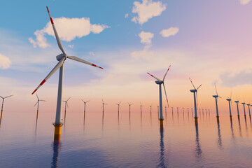 3D Rendering of Giant wind turbines farm located in the open sea, sunset shot. Concept of renewal energy using windmills © Vice and Virtue