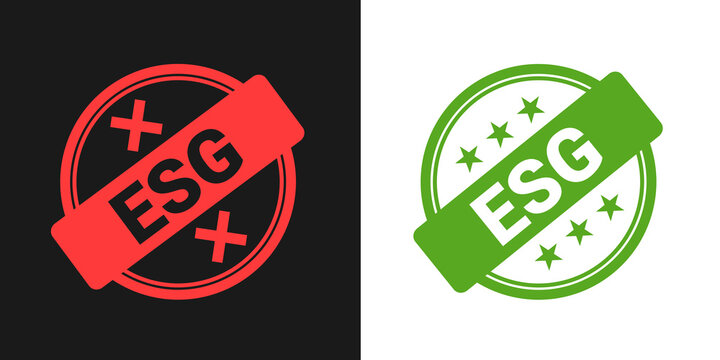 ESG rubber stamp - confirmation of environmental, social and governance responsibility. Certificate and validation of compliance. Symbol and sign as vector illustration isolated on plain background.