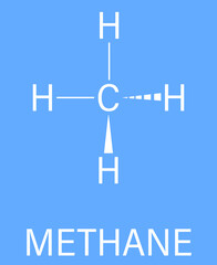 Methane natural gas molecule. Main component of natural gas and LNG, liquefied natural gas, and biogas, produced by fermentation. Skeletal formula.