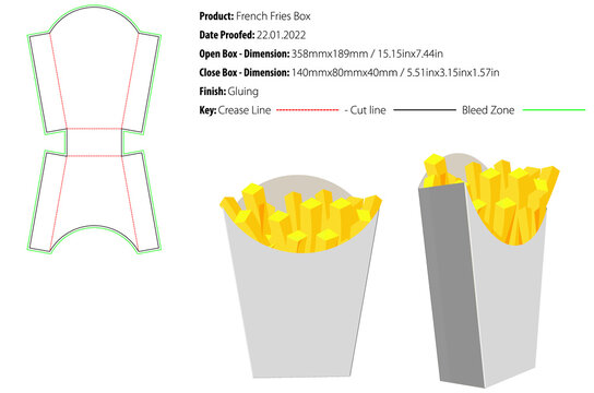 French Fries box packaging template,gluing die cut vector