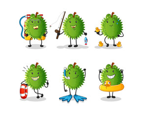 durian water activity group. cartoon mascot vector