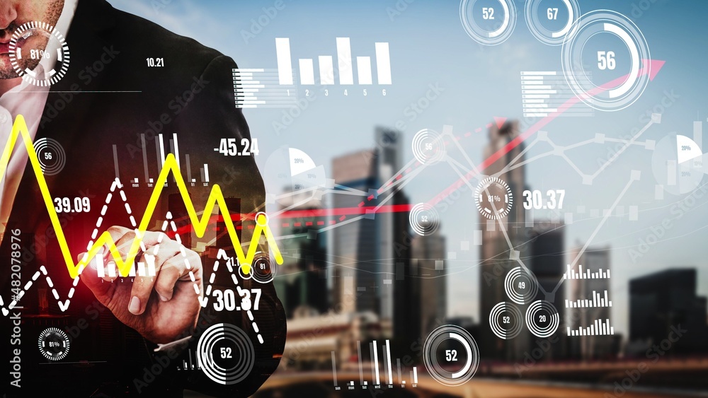 Poster conceptual business dashboard for financial data analysis . 3d render computer graphic .