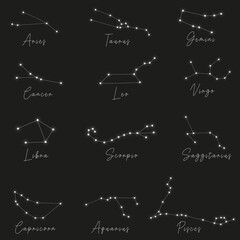 Luminous constellations of zodiac signs on a black background