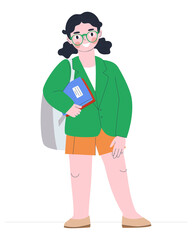 Girl schoolgirl in a suit and glasses. Smart cute girl with textbooks. Flat vector illustration