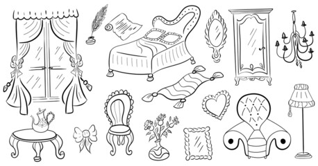 Cute funny doodle classic baroque style furniture set. Hand drawn vintage furniture collection on white background isolated. Vector illustration.