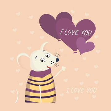 Cute little mouse vector illustrator is holding balloons. Valentine's Day. Valentines day greeting card. Colorful design background with objects and symbols. Holidays invitation card, poster, banner