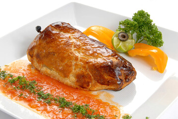 puff pastry stuffed chili in tomato sauce, mexican dish