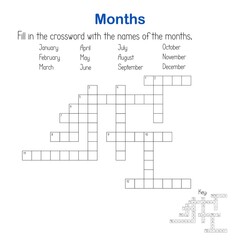 Months in English crossword word search puzzle, seasonal activities vector illustration printable worksheet for kids, educational game, teachers' resources