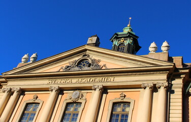 Fototapeta na wymiar Stockholm. Sweden. January 16, 2019. Exchange building. A public building of the Classical era, located in the historical center of Stockholm, in the northern part of the Sturtoriet Square.