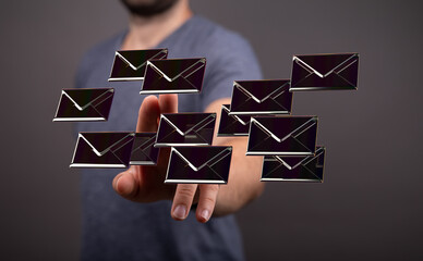 holding smartphone and checking email online on web with