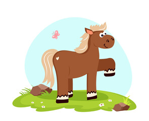 Obraz na płótnie Canvas Cute horse vector flat illustration with landscape isolated on white background. Farm animals cartoon horse character.