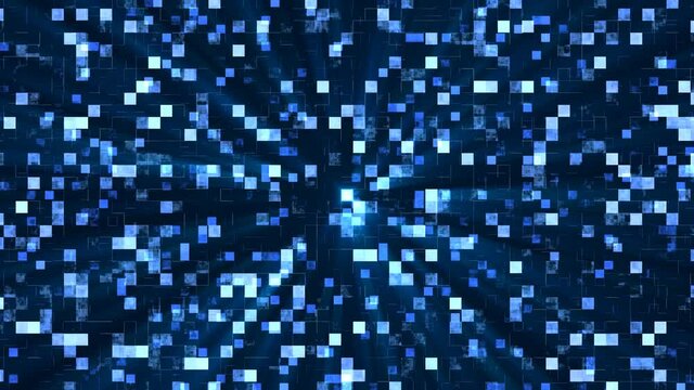 Animation abstract mosaic background. Texture of moving squares and lines. Design of technical interference. Maze. White noise. Pixels. Blue color. Glowing rays. Banner technology, social network. 4k