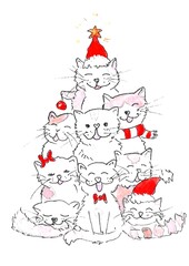 Watercolor Christmas tree of cats