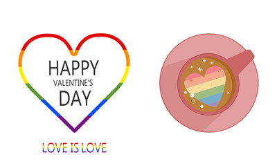 LGBT rainbow colors hearts with Happy Valentine's Day text. Valentine's Day Coffee with LGBT rainbow colors hearts on foam.