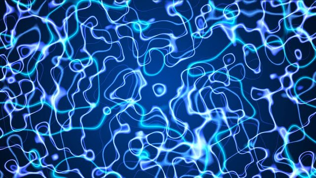 Neon animated background of chaotic circles. Movement of luminous lines. The texture of sparkling lightning, energy flows. Artificial intelligence. A pattern for technology, medicine. 4k