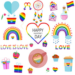 Vector set Valentine's Day of LGBTQ community symbols with pride flags, gender signs, rainbow colored sweet food and coffee, envelope, dreamcatcher, text.