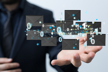 Approved email and spam message displayed on a futuristic interface