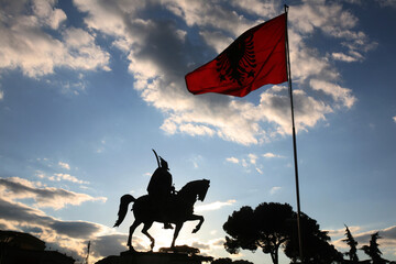 Skanderbeg Statue in Tirana, Albania. Monument was inaugurated in the 1968 on the 500th anniversary...