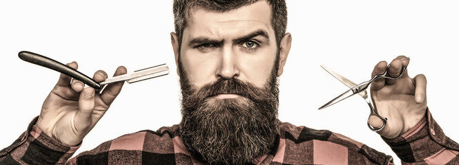 Bearded man, long beard, brutal, caucasian hipster with moustache. Mens haircut in barber shop....