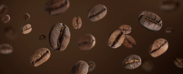 Brown background of hot coffee grains in splash. Brown coffee beans splash. Concept. Banner.