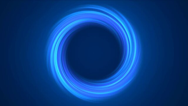 Animation neon energy ring. A chaotic glowing line in shape of a circle, hoop burning blue on a gradient background. Cosmic bodies, rotating circle. Radial spiral frame for logo, symbol. 4k.