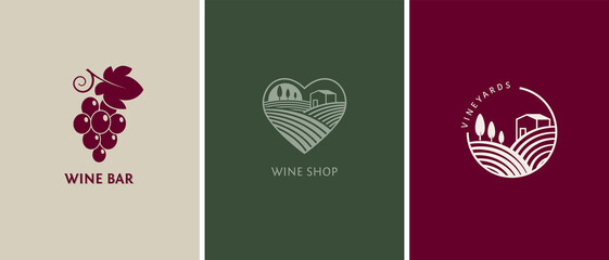 Wine, vineyard, organic natural winery logo collection. Vineyard field and grapes symbols and icons 