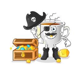 tea cup pirate with treasure mascot. cartoon vector