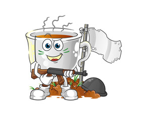tea cup army character. cartoon mascot vector